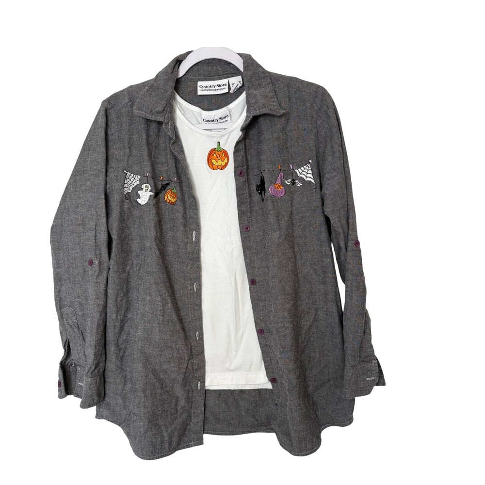 Vtg Country Store Halloween Embroidered Shirt Set M Gray Chambray Coquette